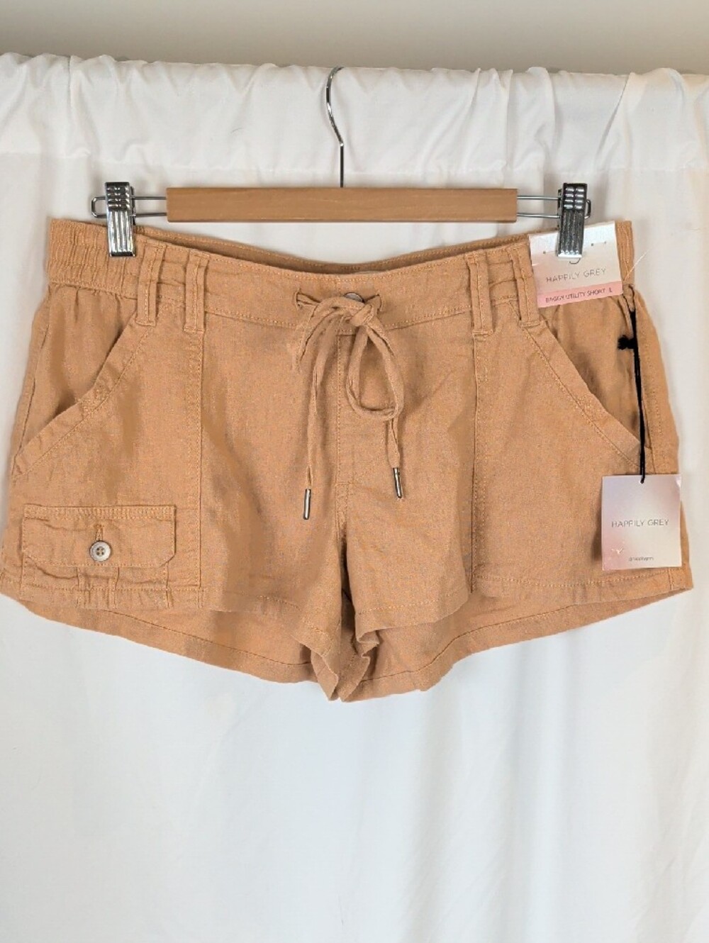 NWT Happily Grey Baggy Utility Linen Blend Shorts Orange Coral Size L